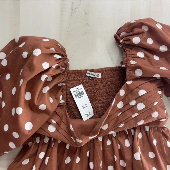 nwt ABERCROMBIE & FITCH Emerson polka dot brown printed puff sleeve mini dress M - Picture 3 of 5